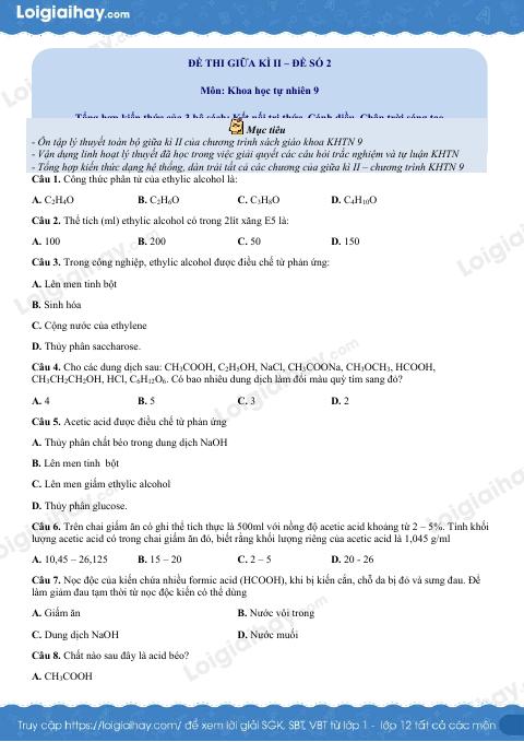 Đề thi giữa kì 2 KHTN 9 Cánh diều - Đề số 2